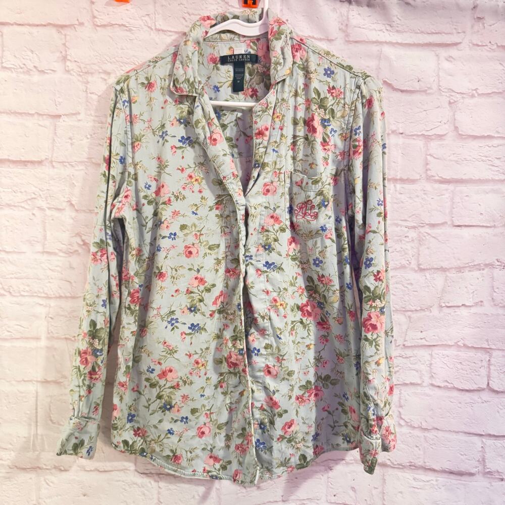 Lauren Ralph Lauren Light Green Floral PJ Top Sz M 26” length